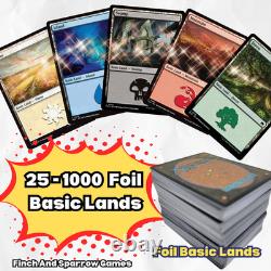 25 1000 MTG Foil Basic Lands Plains, Island, Swamp, Mountain, Forest